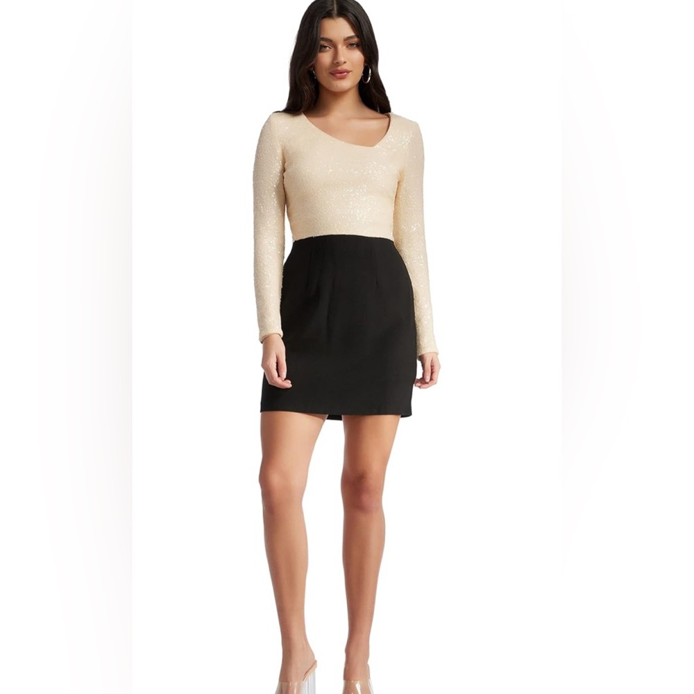 NEW Dress the Population- Womens Chante Bodycon Cream/Black Sequin Mini Dress